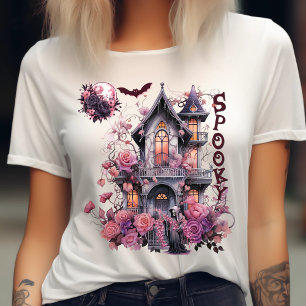 Spooky-Retro-Pink Halloween-Haunted House-Roos T-shirt