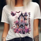 Spooky-Retro-Pink Halloween-Haunted House-Roos T-shirt