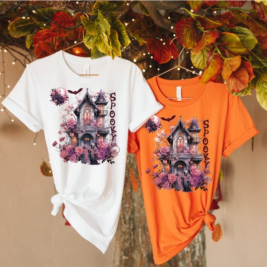 Spooky-Retro-Pink Halloween-Haunted House-Roos T-shirt
