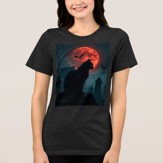 Spooky Rooftop Cat Under Blood Moon Tri-Blend Shirt (Voorkant)