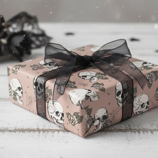 Spooky  Roos Bloemen Kleine Schedel Halloween Cadeaupapier
