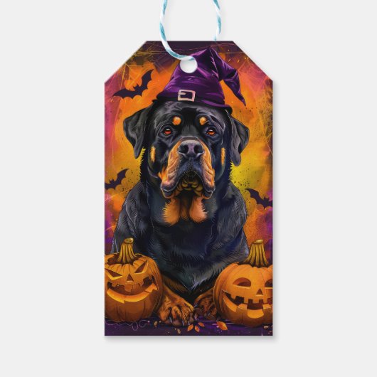 Spooky Rottweiler Hond Halloween Heks en Pompoen Cadeaulabel (Voorkant)