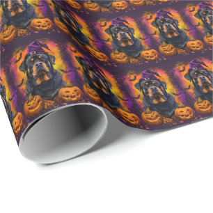 Spooky Rottweiler Hond Halloween Heks en Pompoen Cadeaupapier