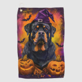 Spooky Rottweiler Hond Halloween Heks en Pompoen Golfhanddoek (Voorkant)
