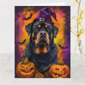 Spooky Rottweiler Hond Halloween Heks en Pompoen Kaart (Gele Bloem)