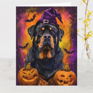 Spooky Rottweiler Hond Halloween Heks en Pompoen Kaart