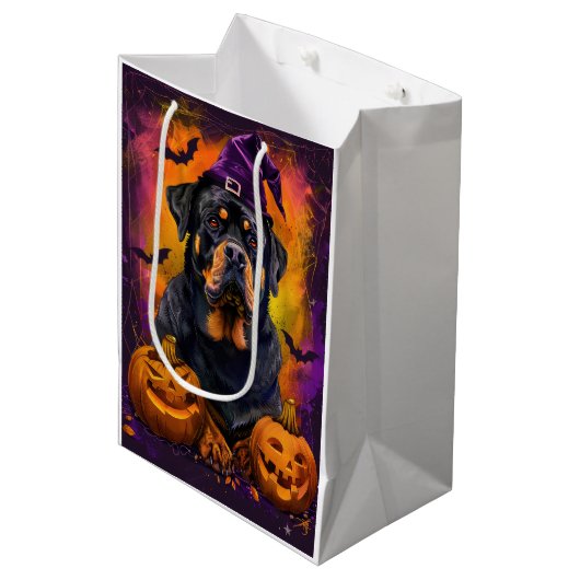 Spooky Rottweiler Hond Halloween Heks en Pompoen Medium Cadeauzakje (Voorkant Gekanteld)