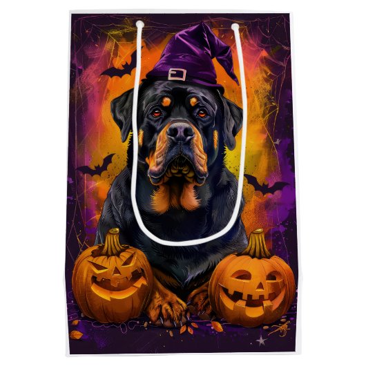 Spooky Rottweiler Hond Halloween Heks en Pompoen Medium Cadeauzakje (Achterkant)
