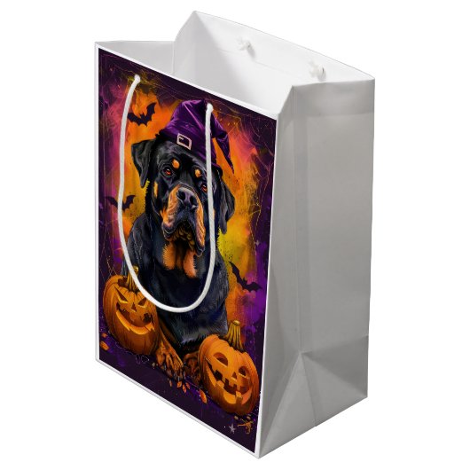Spooky Rottweiler Hond Halloween Heks en Pompoen Medium Cadeauzakje (Achterkant Gekanteld)