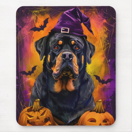 Spooky Rottweiler Hond Halloween Heks en Pompoen Muismat (Voorkant)