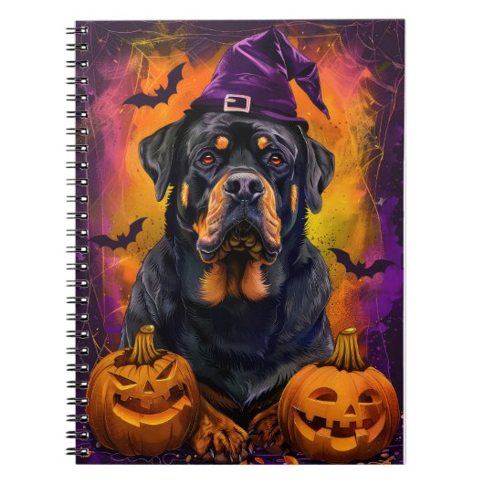 Spooky Rottweiler Hond Halloween Heks en Pompoen Notitieboek (Voorkant)