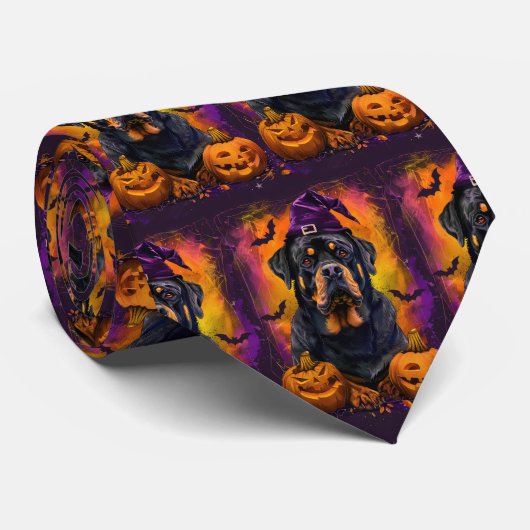 Spooky Rottweiler Hond Halloween Heks en Pompoen Stropdas (Opgerold)