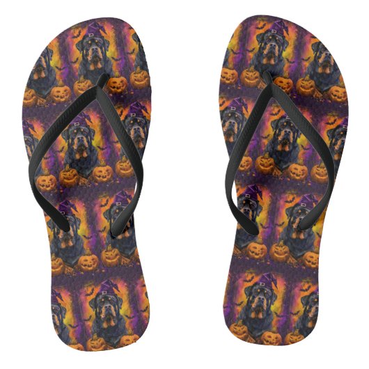 Spooky Rottweiler Hond Halloween Heks en Pompoen Teenslippers (Voetbed)