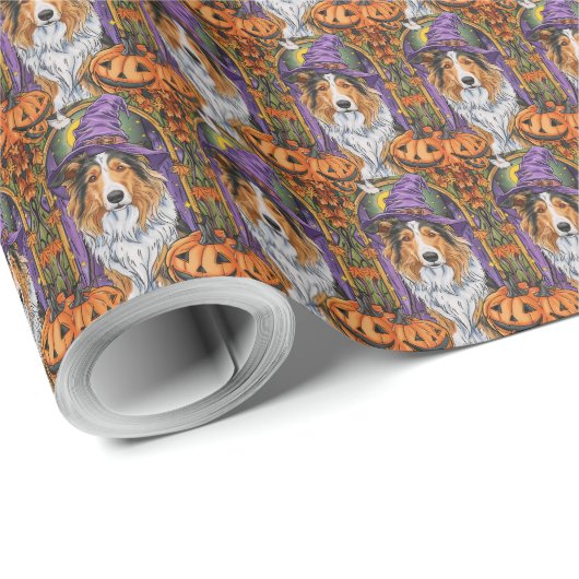 Spooky Rough Collie Dog Halloween Witch Pumpkin Cadeaupapier (Rol Hoek)