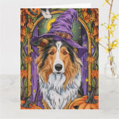 Spooky Rough Collie Dog Halloween Witch Pumpkin Kaart (Gele Bloem)
