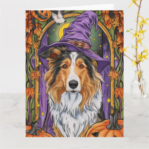 Spooky Rough Collie Dog Halloween Witch Pumpkin Kaart