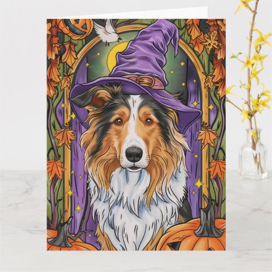 Spooky Rough Collie Dog Halloween Witch Pumpkin Kaart (Gele Bloem)