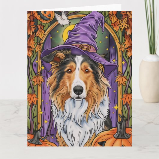 Spooky Rough Collie Dog Halloween Witch Pumpkin Kaart (Voorkant)
