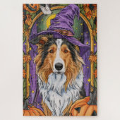 Spooky Rough Collie Dog Halloween Witch Pumpkin Legpuzzel (Verticaal)