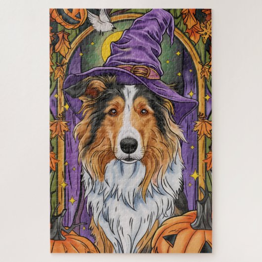 Spooky Rough Collie Dog Halloween Witch Pumpkin Legpuzzel (Verticaal)