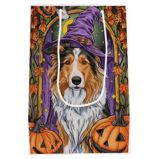 Spooky Rough Collie Dog Halloween Witch Pumpkin Medium Cadeauzakje (Achterkant)
