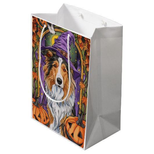 Spooky Rough Collie Dog Halloween Witch Pumpkin Medium Cadeauzakje (Achterkant Gekanteld)