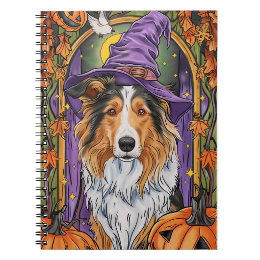 Spooky Rough Collie Dog Halloween Witch Pumpkin Notitieboek (Voorkant)