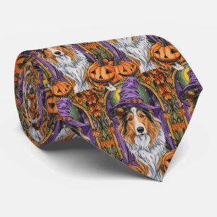 Spooky Rough Collie Dog Halloween Witch Pumpkin Stropdas