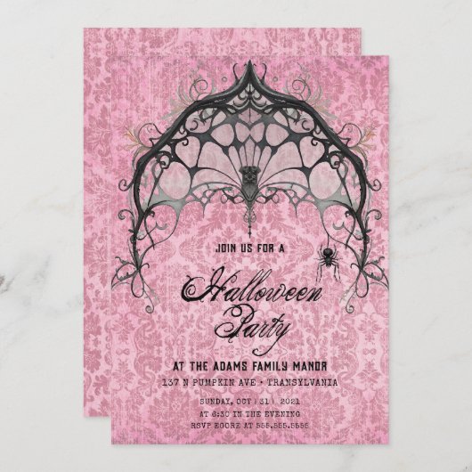 Spooky Roze en Zwarte Spin Web Uitnodiging (Voorkant / Achterkant)