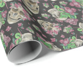 Spooky Roze Orchid Floral Skull & Snake Pattern Cadeaupapier (Rol Hoek)