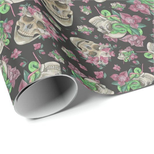 Spooky Roze Orchid Floral Skull & Snake Pattern Cadeaupapier (Rol Hoek)