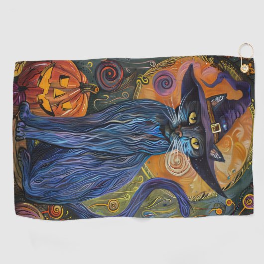 Spooky Russische Blauwe Kat Halloween Heksenpompoe Golfhanddoek (Horizontaal)