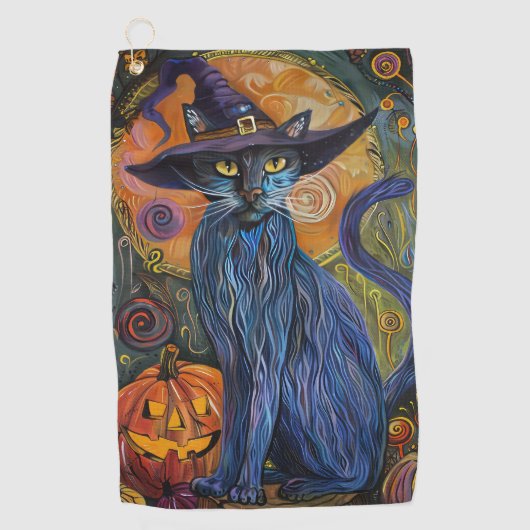Spooky Russische Blauwe Kat Halloween Heksenpompoe Golfhanddoek (Voorkant)