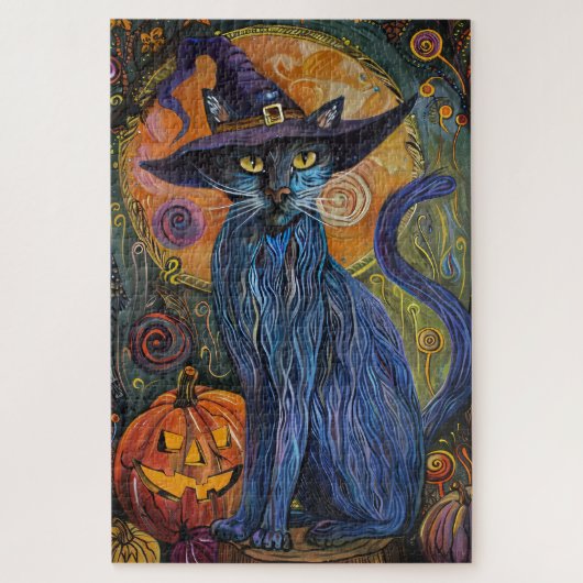 Spooky Russische Blauwe Kat Halloween Heksenpompoe Legpuzzel (Verticaal)
