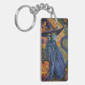 Spooky Russische Blauwe Kat Halloween Heksenpompoe Sleutelhanger (Voorkant Links)