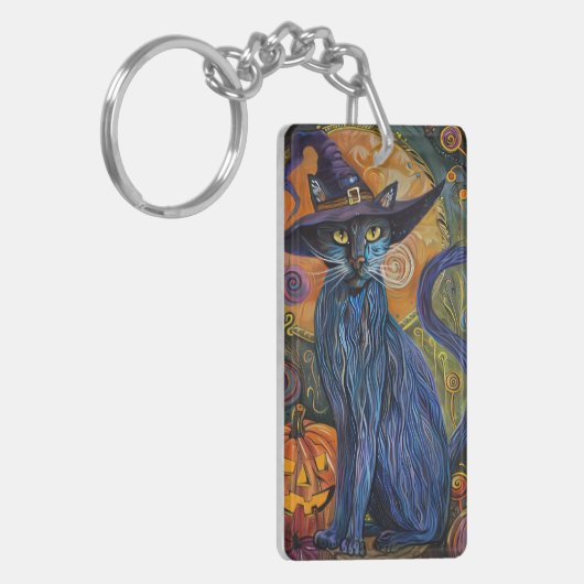 Spooky Russische Blauwe Kat Halloween Heksenpompoe Sleutelhanger (Voorkant Links)