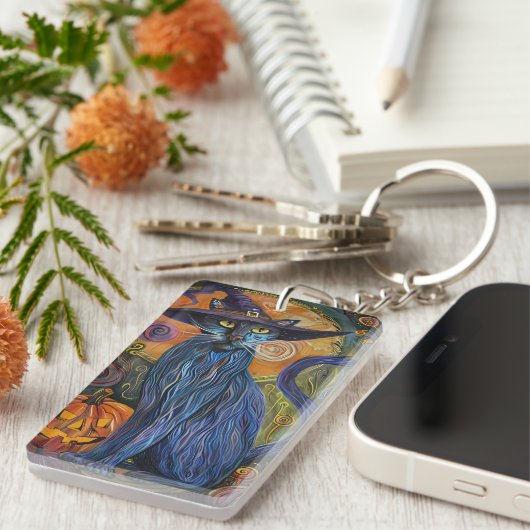 Spooky Russische Blauwe Kat Halloween Heksenpompoe Sleutelhanger (Voorkant Rechts)