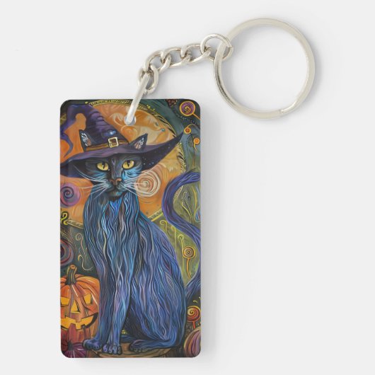 Spooky Russische Blauwe Kat Halloween Heksenpompoe Sleutelhanger (achterkant)