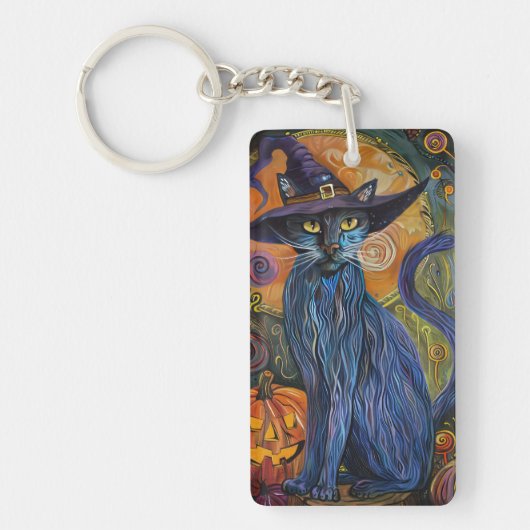 Spooky Russische Blauwe Kat Halloween Heksenpompoe Sleutelhanger (Voorkant)