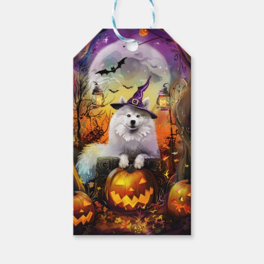 Spooky Samoyed hond Halloween heks en pompoen Cadeaulabel (Voorkant)