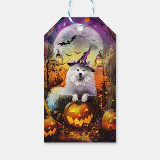 Spooky Samoyed hond Halloween heks en pompoen Cadeaulabel (Achterkant)