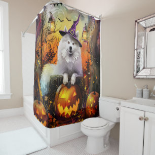 Spooky Samoyed hond Halloween heks en pompoen Douchegordijn