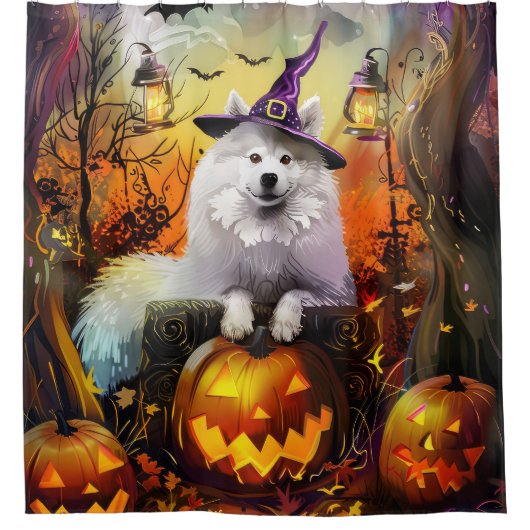 Spooky Samoyed hond Halloween heks en pompoen Douchegordijn (Voorkant)