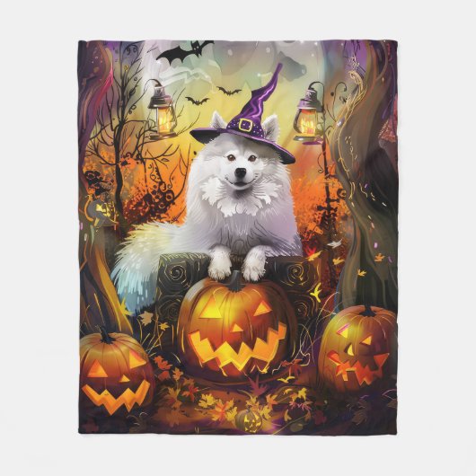 Spooky Samoyed hond Halloween heks en pompoen Fleece Deken (Voorkant)
