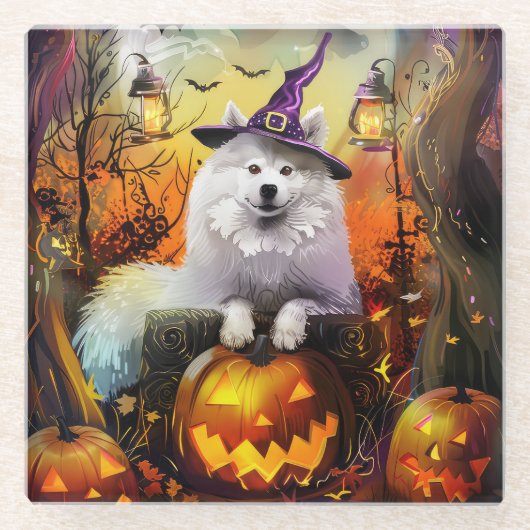 Spooky Samoyed hond Halloween heks en pompoen Glazen Onderzetter (Voorkant)