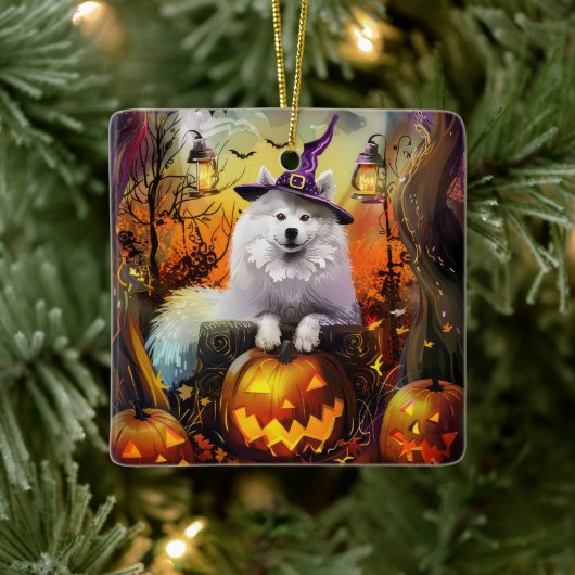 Spooky Samoyed hond Halloween heks en pompoen Keramisch Ornament (Boom)