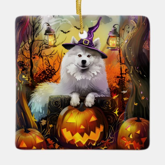 Spooky Samoyed hond Halloween heks en pompoen Keramisch Ornament (Voorkant)