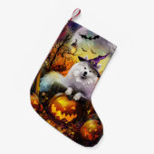 Spooky Samoyed hond Halloween heks en pompoen Kleine Kerstsok (Voorkant (Hangend))