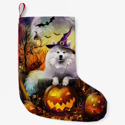 Spooky Samoyed hond Halloween heks en pompoen Kleine Kerstsok (Voorkant)