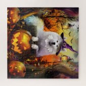 Spooky Samoyed hond Halloween heks en pompoen Legpuzzel (Horizontaal)